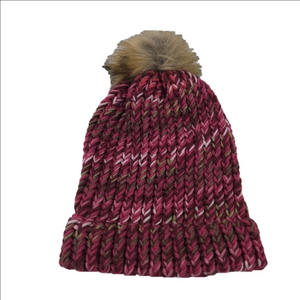 NEW Bright Hand Knit Winter Hat with Faux Fur Pom Pom